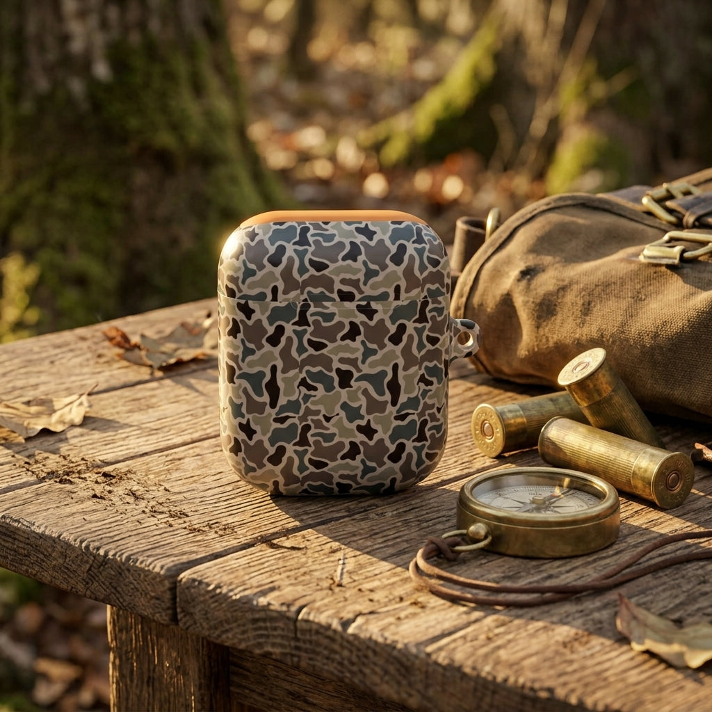 A lifestyle product photo of the standard vertical-style retro hunting camouflage AirPods case from reference image 7 sitting on a rustic wooden outdoor tabletop next to brass hunting gear and a canvas bag, warm natural sunlight.