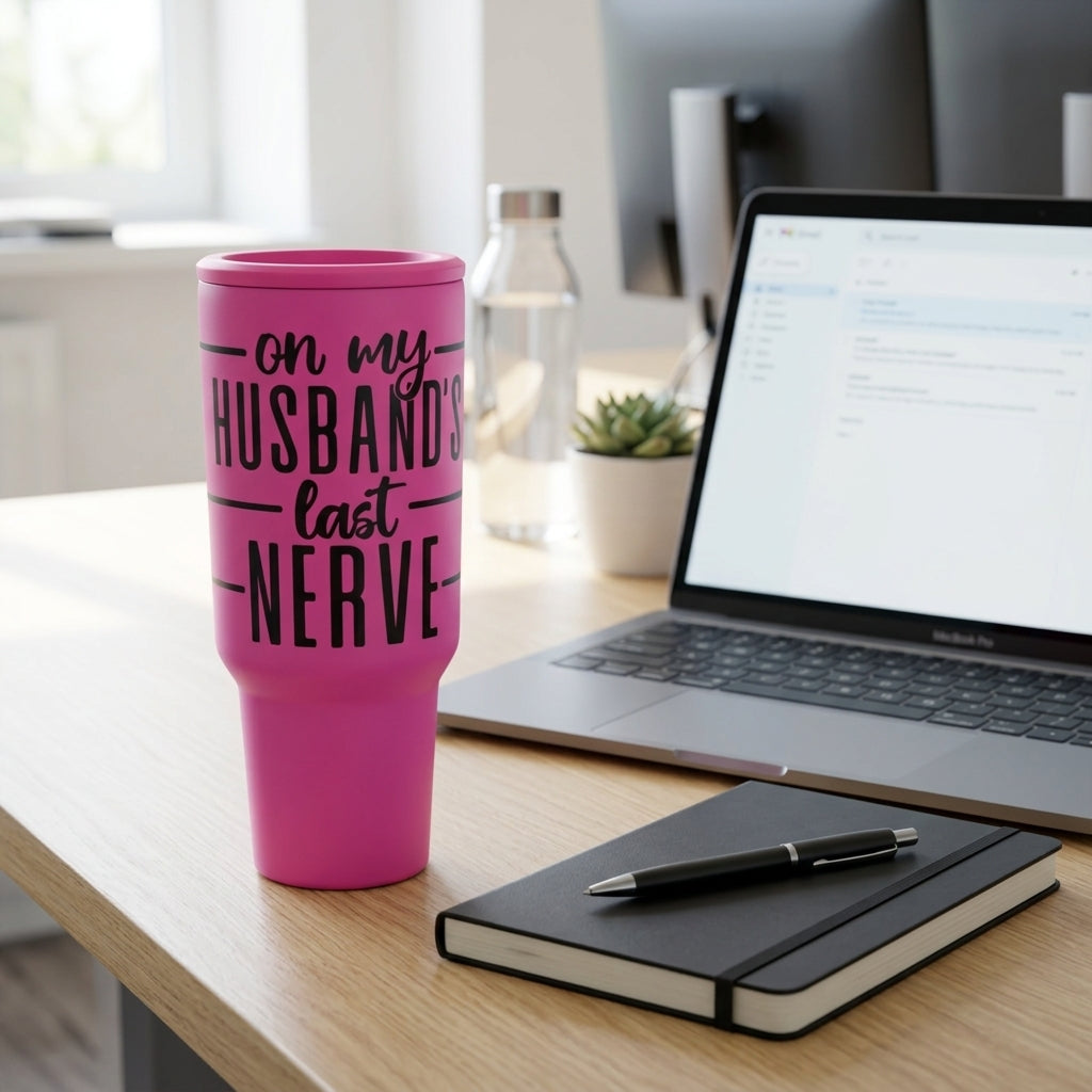 On My Husband's Last Nerve 40oz Tumbler on a clean office desk next to a laptop