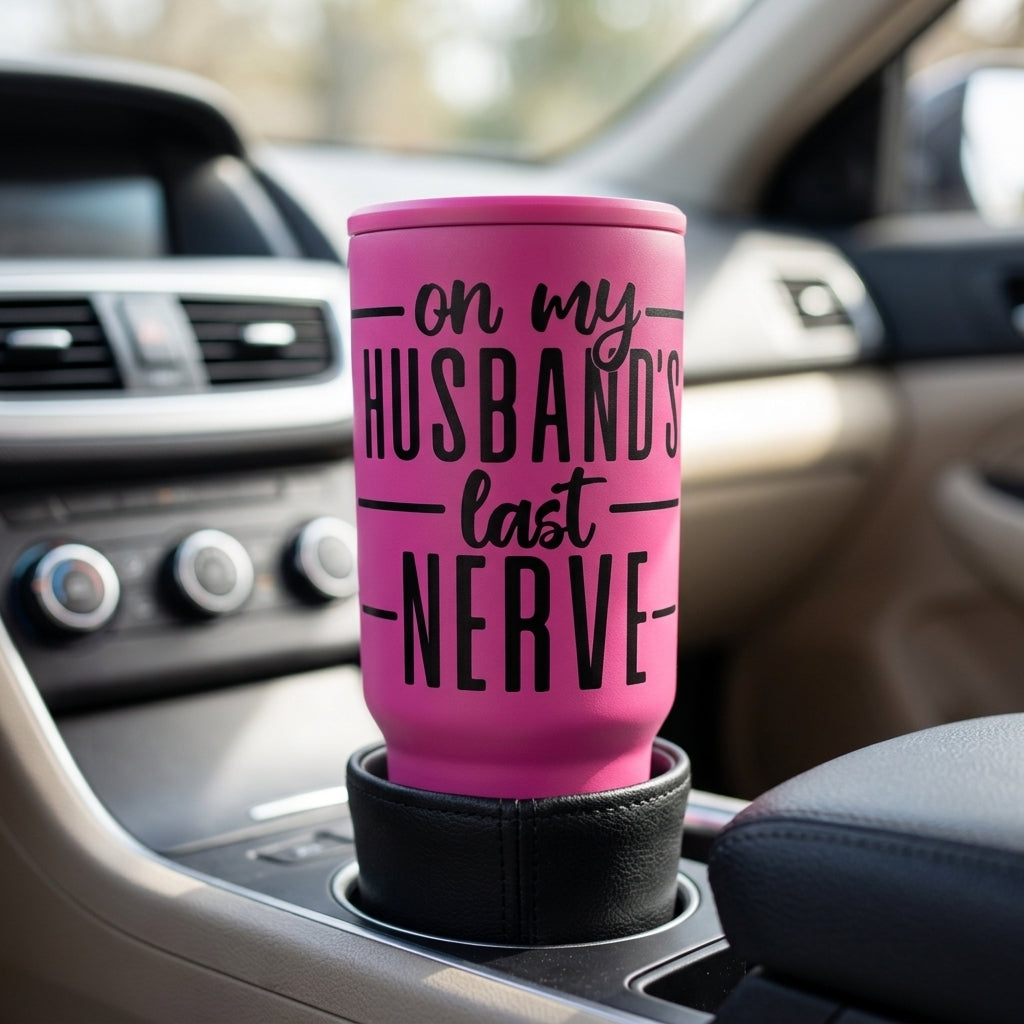 Pink 40oz insulated tumbler sitting securely in a car cup holder