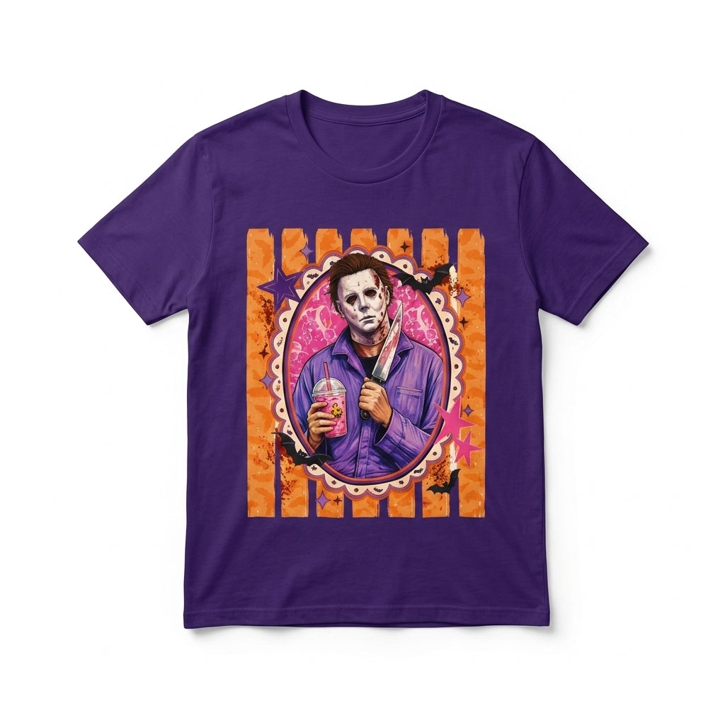 Premium studio flat lay of purple Michael Myers horror movie tee on plain white background