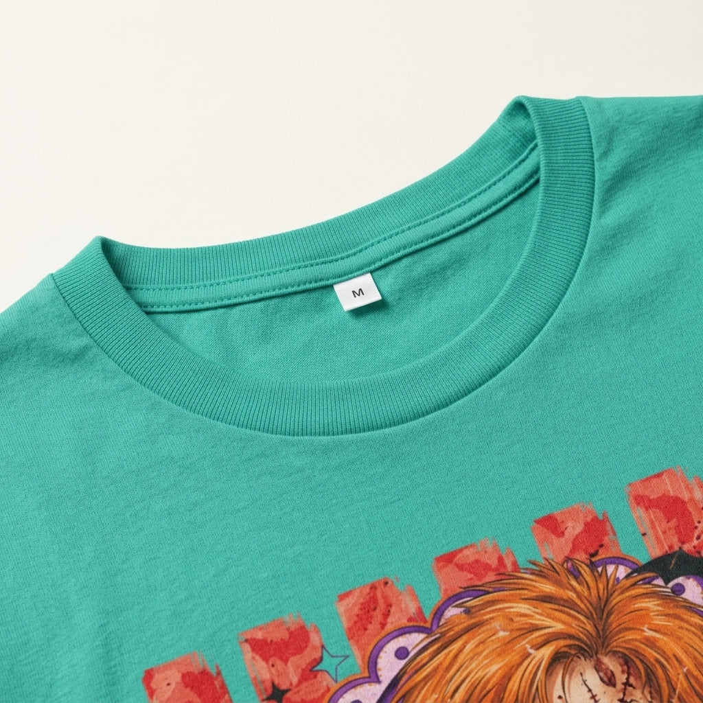 Macro close-up details of the high-quality neckline stitching and soft cotton fabric on the teal Chucky horror tee