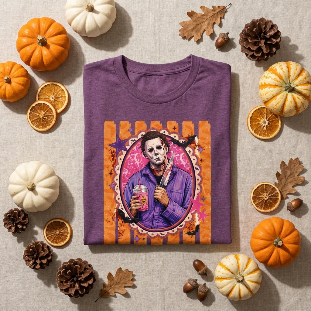Autumn flat lay of a folded heather plum-purple Michael Myers tee styled with pumpkins and seasonal decor