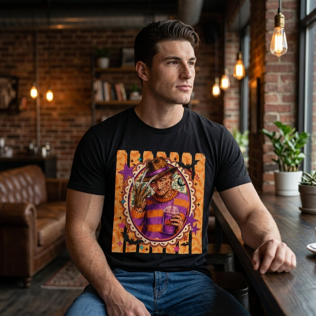 Male model wearing the black Freddy Krueger graphic t-shirt in a cozy urban coffee shop setting