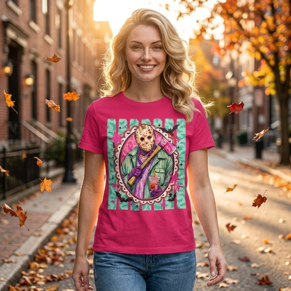 Lifestyle portrait of a woman wearing the fuchsia Jason Voorhees retro horror shirt in an autumn street setting